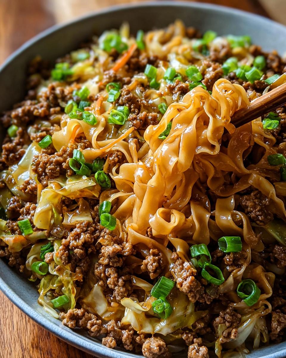 Close-up of a Potsticker Noodle Bowl with Pork & Cabbage Slaw, featuring noodles, ground pork, and chopped green onions.