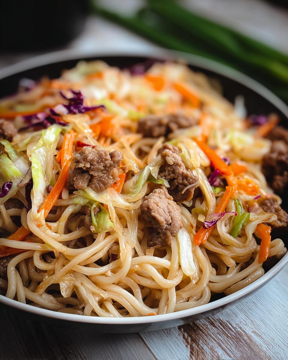 Close-up of a bowl filled with Potsticker Noodle Bowl with Pork & Cabbage Slaw, featuring noodles, ground pork, and colorful slaw.