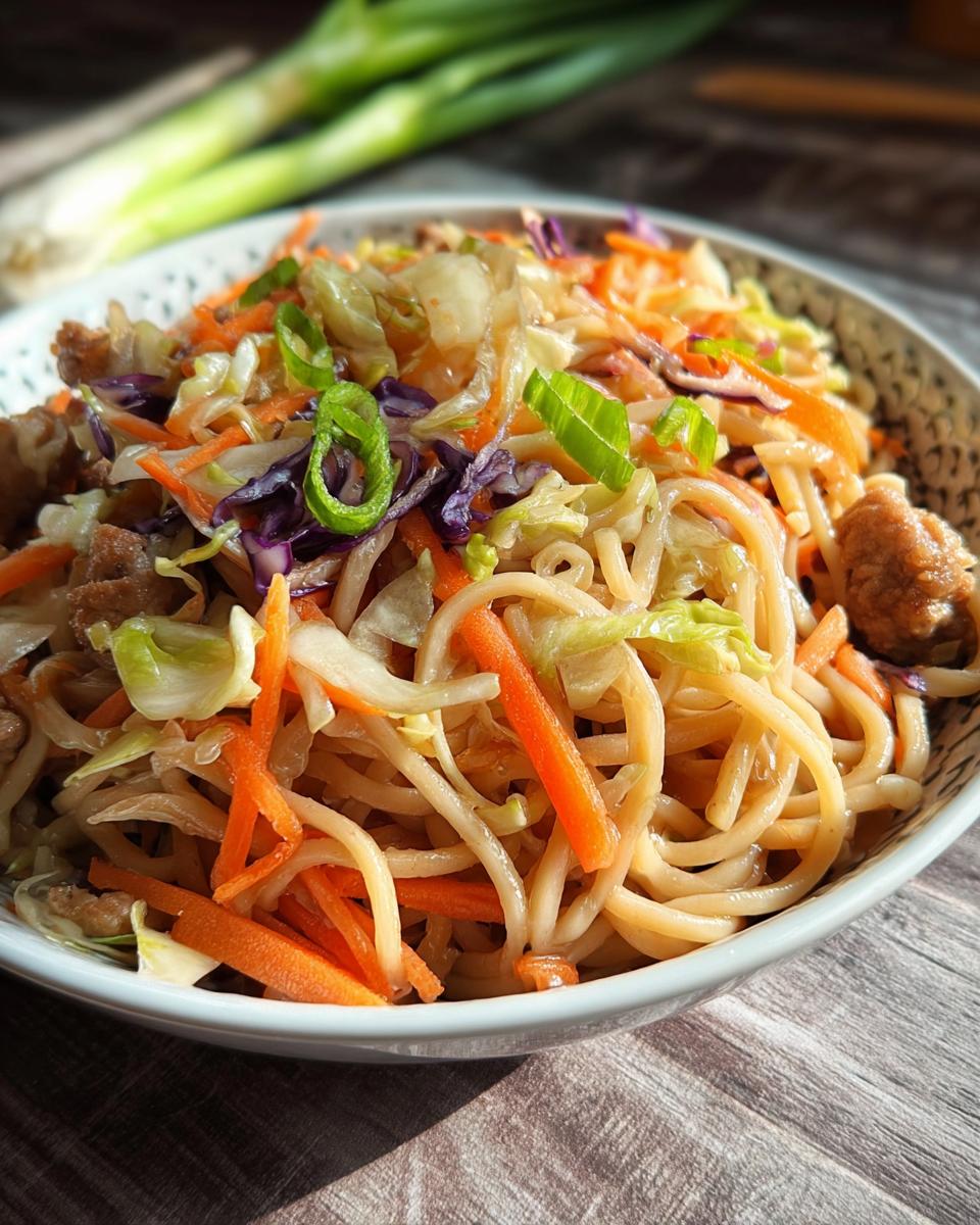 A close-up of a Potsticker Noodle Bowl with Pork & Cabbage Slaw, featuring noodles, shredded carrots, cabbage, and green onions.