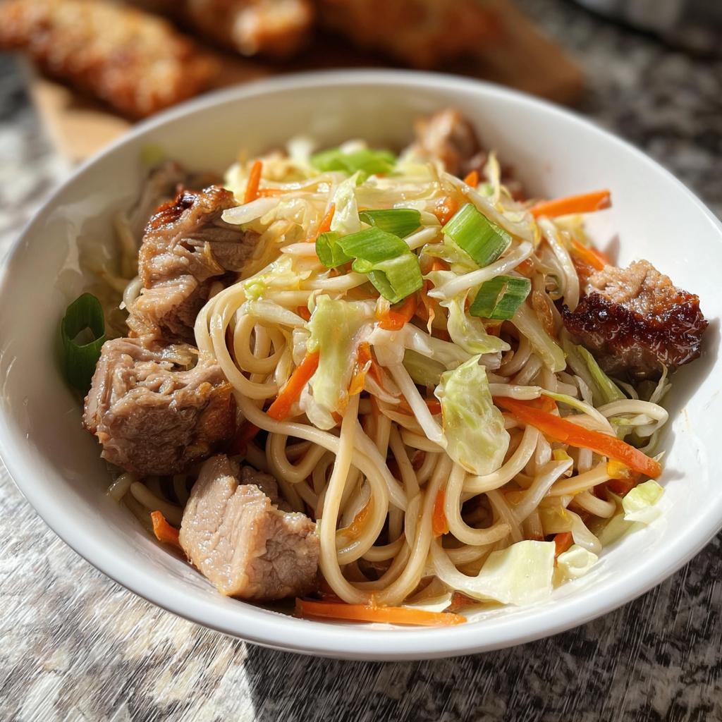 A close-up of a white bowl filled with Potsticker Noodle Bowl with Pork & Cabbage Slaw, featuring noodles, tender pork, and fresh slaw.