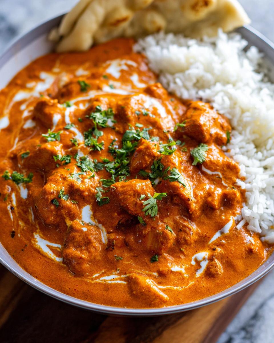 A bowl of Quick & Easy Homemade Butter Chicken served with fluffy white rice and a piece of naan bread.