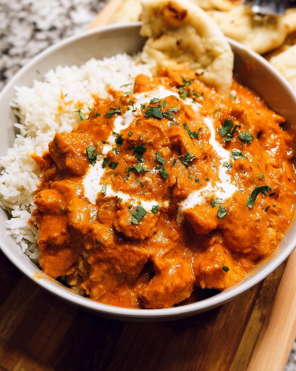 A bowl of Quick & Easy Homemade Butter Chicken served with fluffy white rice and naan bread, garnished with cilantro.