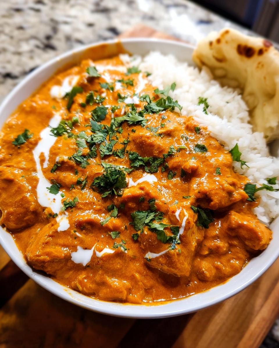 A bowl of Quick & Easy Homemade Butter Chicken served with fluffy white rice and a piece of naan bread.