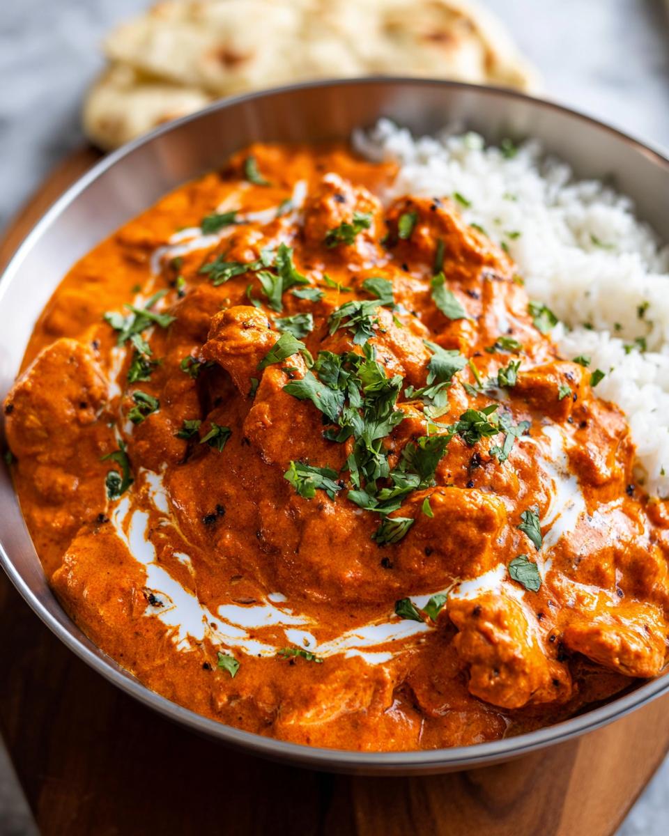 A close-up of a bowl of Quick & Easy Homemade Butter Chicken served with fluffy white rice and garnished with fresh cilantro.