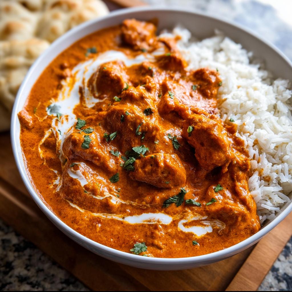 A bowl of Quick & Easy Homemade Butter Chicken served with fluffy white rice and garnished with fresh cilantro.