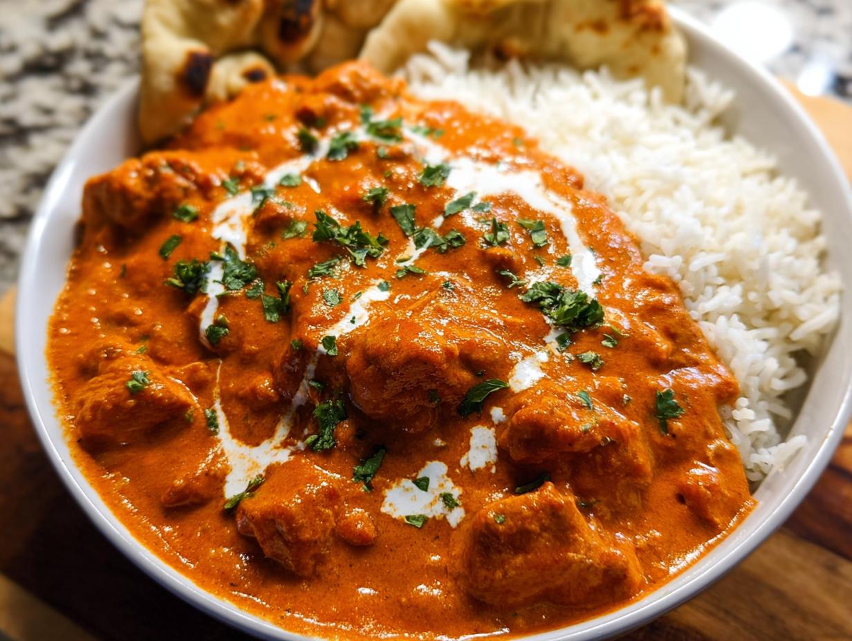 A bowl of delicious Quick & Easy Homemade Butter Chicken with rice and naan, garnished with fresh cilantro.