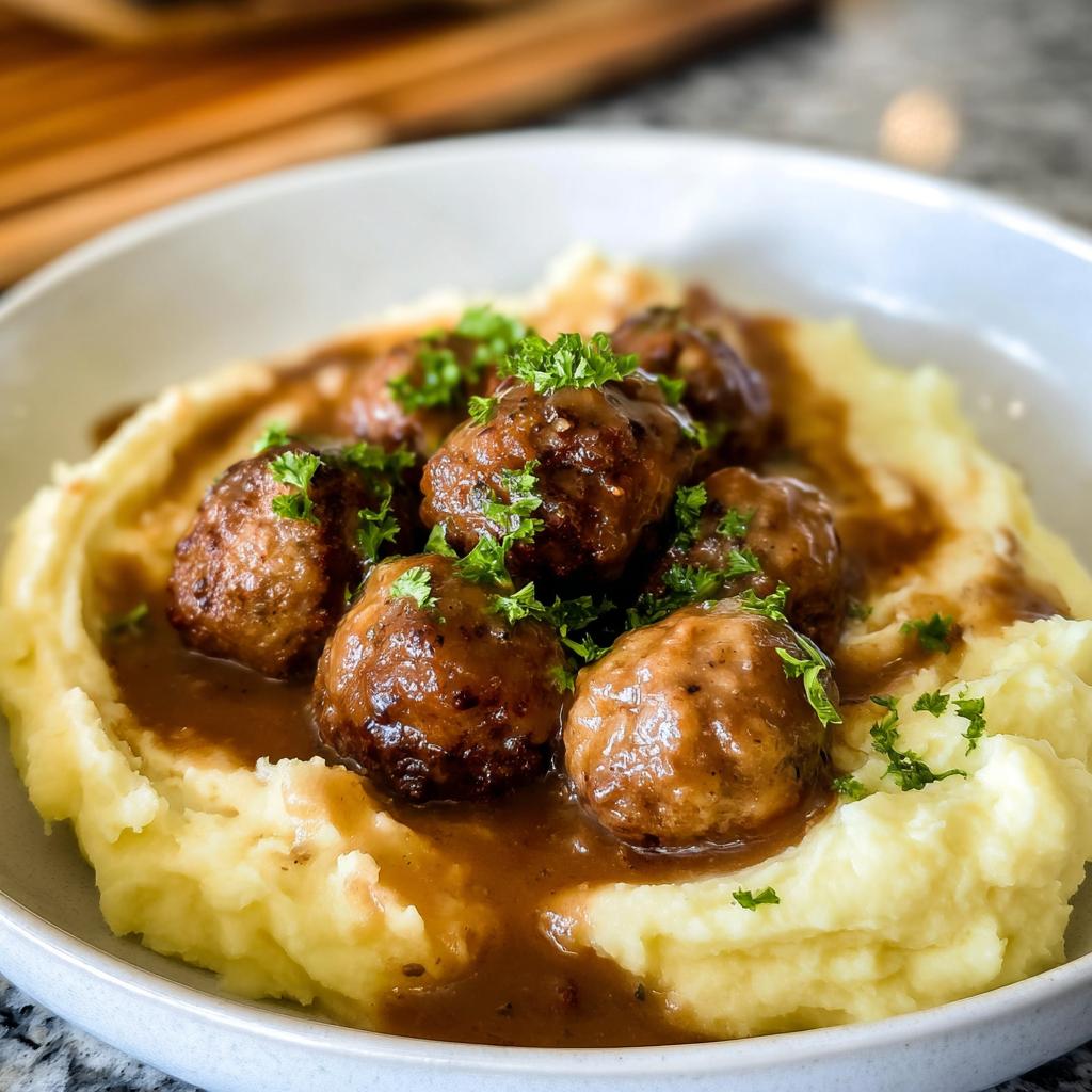 A bowl of Salisbury steak meatballs smothered in gravy, served over creamy garlic herb mashed potatoes and garnished with parsley.