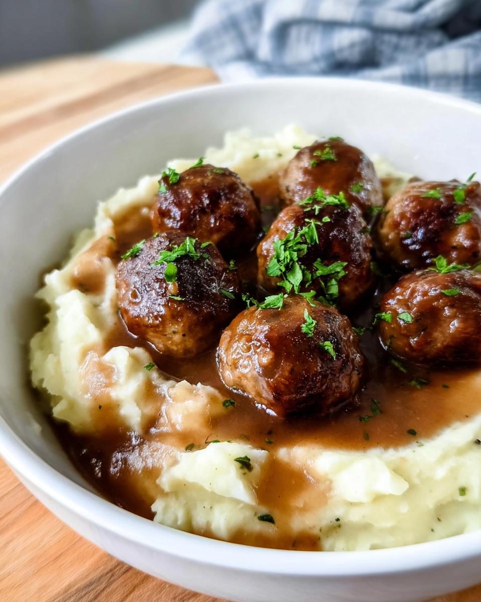 Close-up of Salisbury Steak Meatballs nestled in creamy Garlic Herb Mashed Potatoes, garnished with fresh parsley.