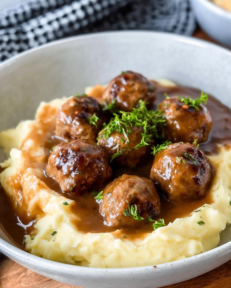 A bowl of Salisbury steak meatballs smothered in gravy, served over creamy garlic herb mashed potatoes and garnished with parsley.