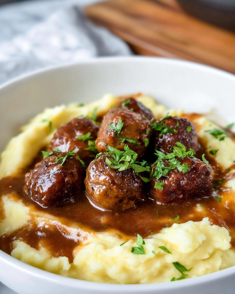 A bowl of Salisbury Steak Meatballs served over creamy Garlic Herb Mashed Potatoes, garnished with fresh parsley.