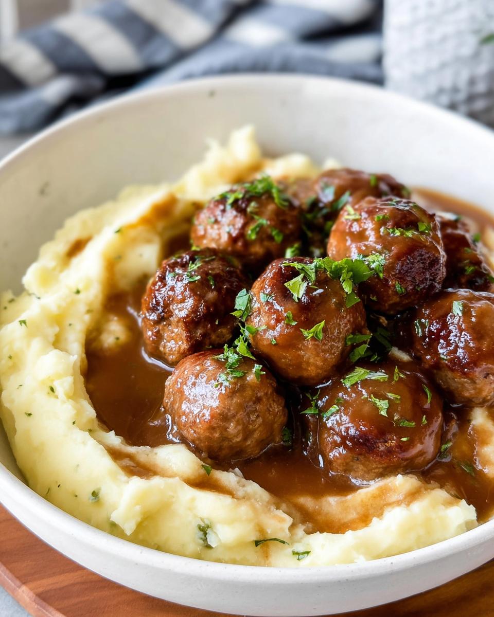 A close-up of Salisbury Steak Meatballs served over creamy Garlic Herb Mashed Potatoes, garnished with fresh parsley.