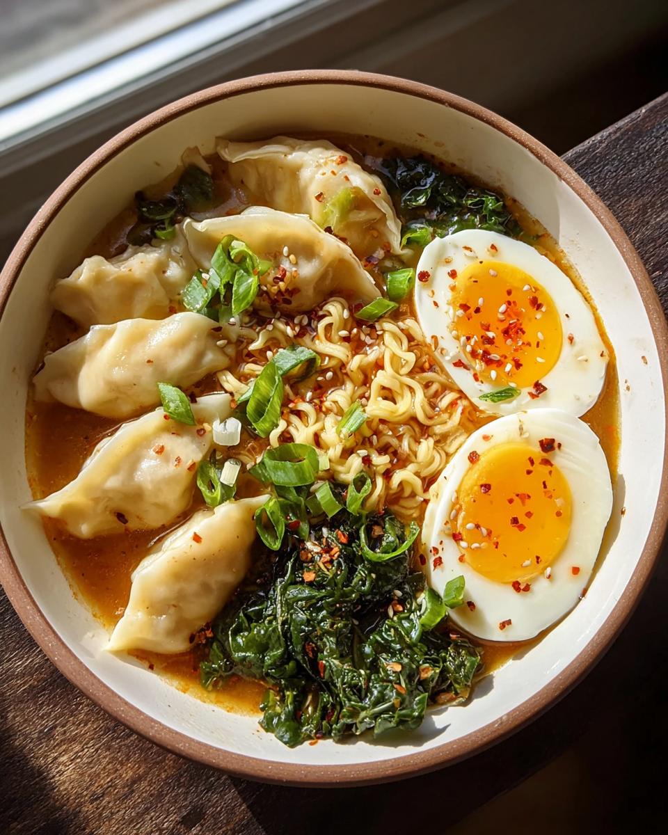 A close-up of a Savory Dumpling Ramen Bowl with soft-boiled eggs, dumplings, noodles, and greens, topped with chili flakes and scallions.