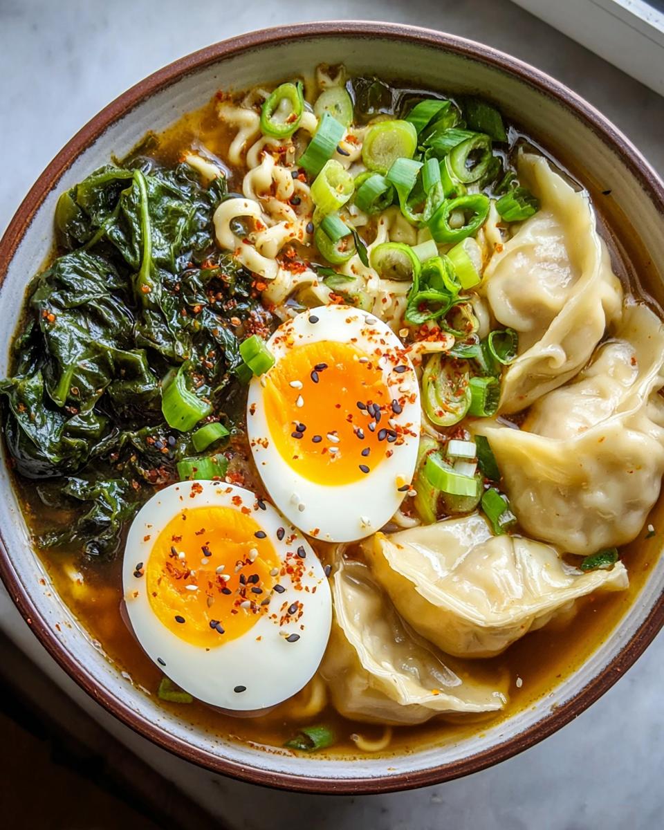 A close-up of a Savory Dumpling Ramen Bowl with soft-boiled eggs, dumplings, noodles, and fresh greens.