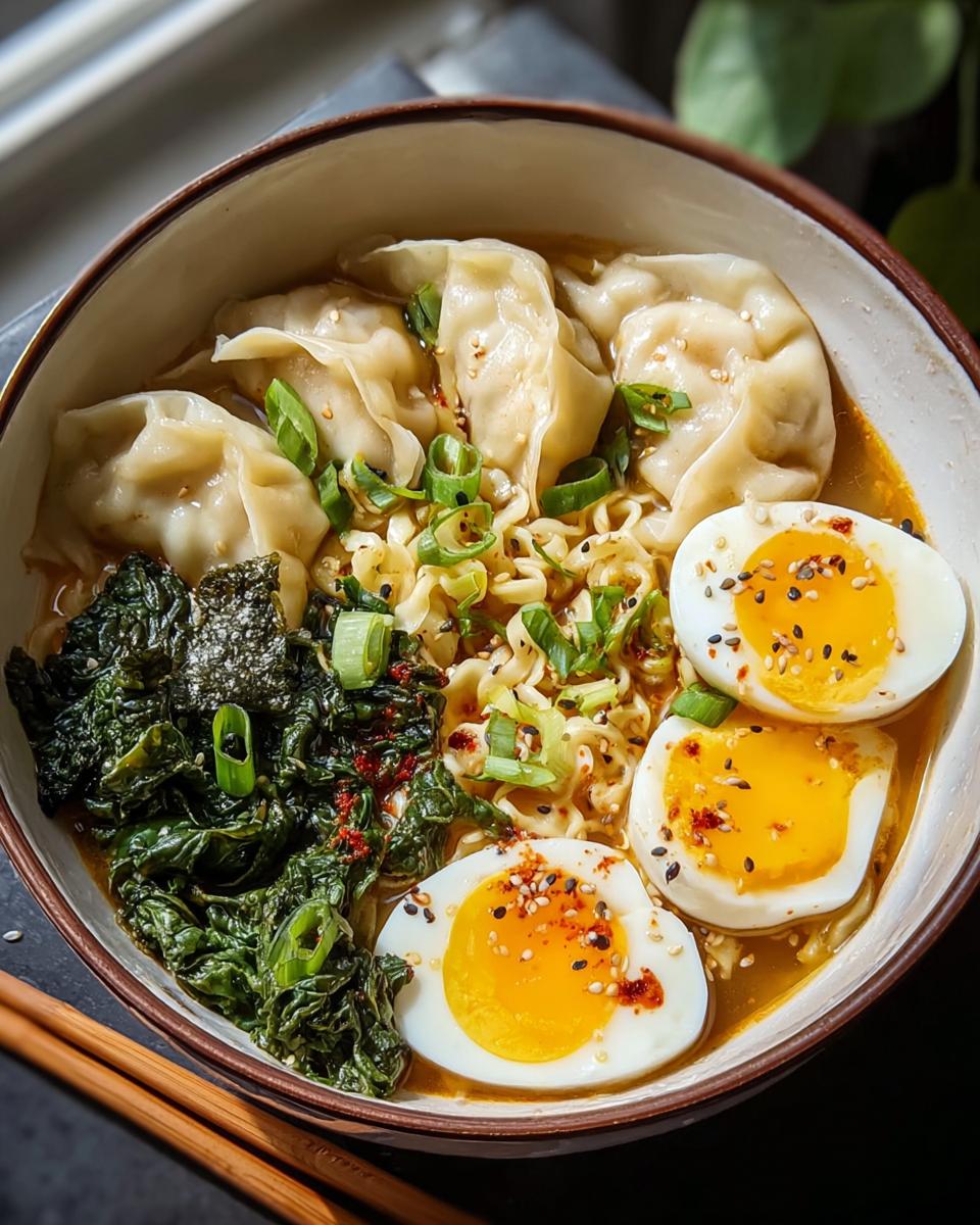 A close-up of a Savory Dumpling Ramen Bowl with soft-boiled eggs, dumplings, ramen noodles, and greens.