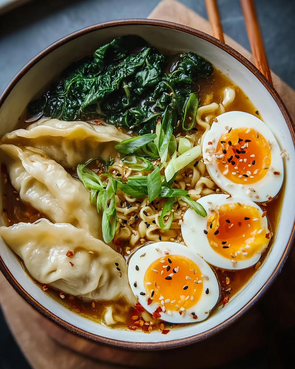 A close-up of a Savory Dumpling Ramen Bowl with soft-boiled eggs, noodles, dumplings, and greens.