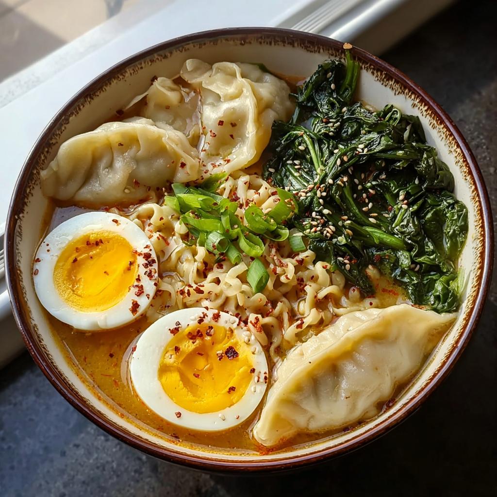 A delicious bowl of Savory Dumpling Ramen, featuring soft-boiled eggs, dumplings, noodles, and fresh greens.