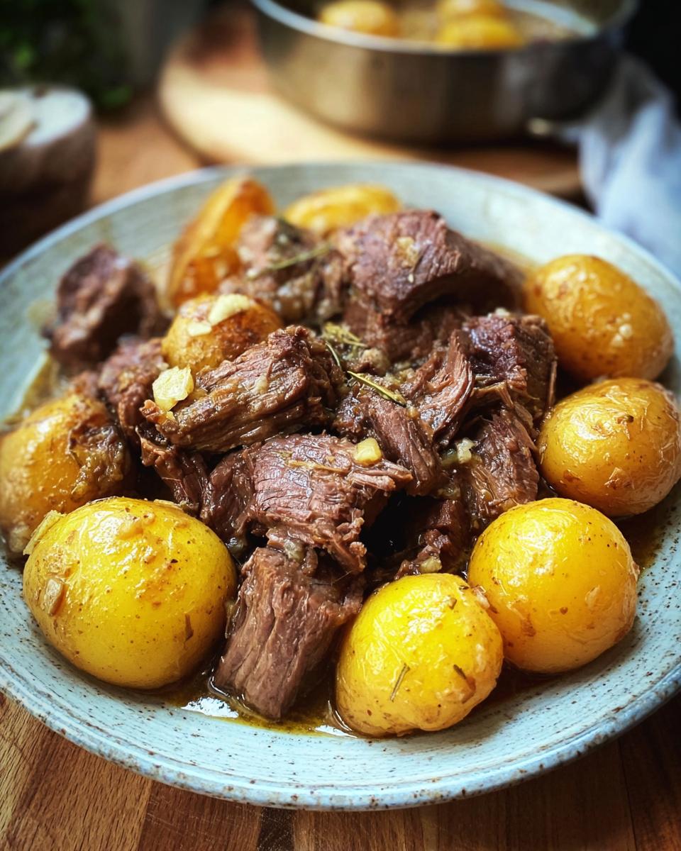 A close-up of tender Slow Cooker Garlic Butter Beef with Potatoes, served on a rustic plate with herbs and garlic.