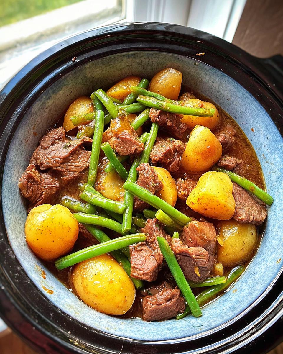 Close-up of Slow Cooker Garlic Butter Beef with Potatoes and green beans in a blue crockpot.