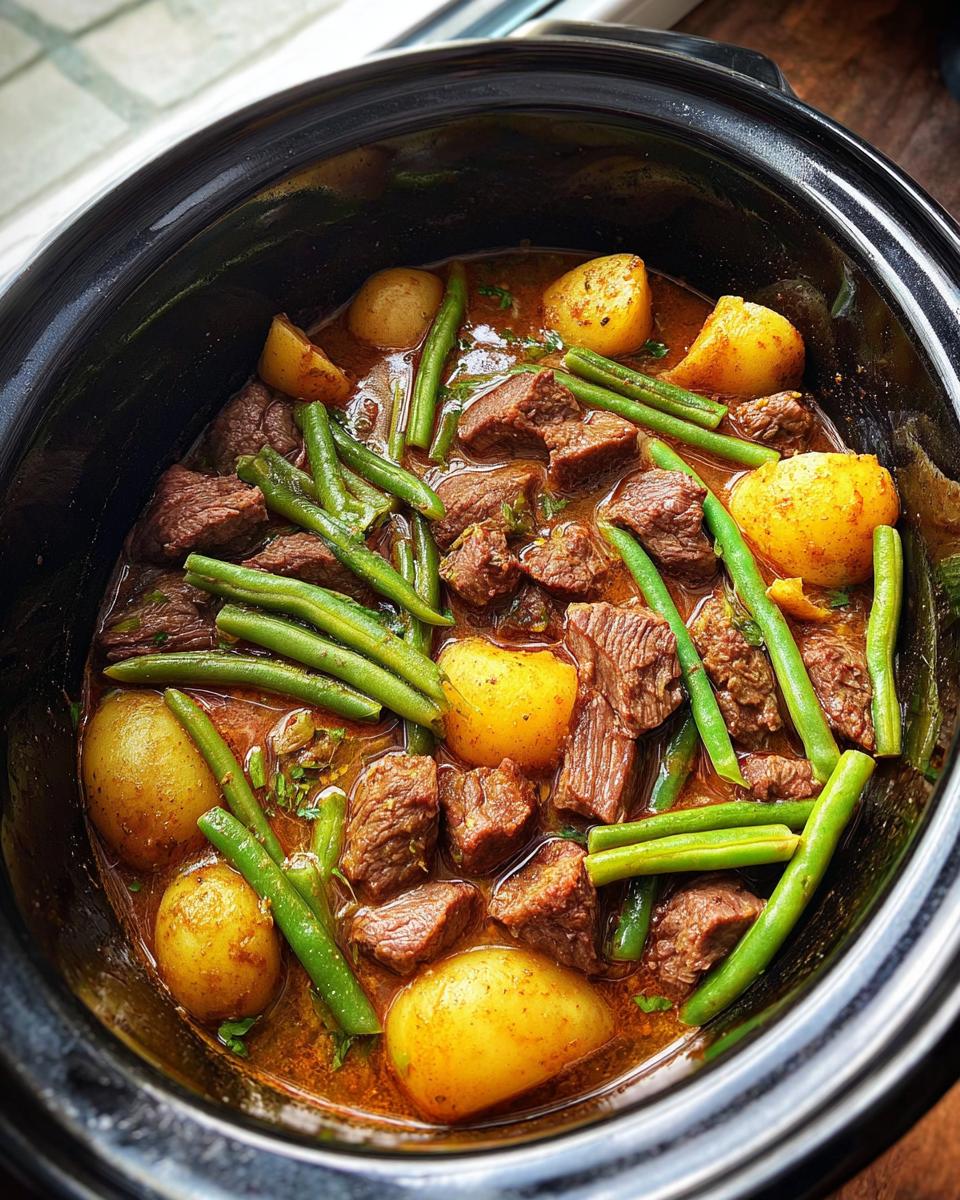 Overhead view of Slow Cooker Garlic Butter Beef with Potatoes and green beans in a black crockpot.