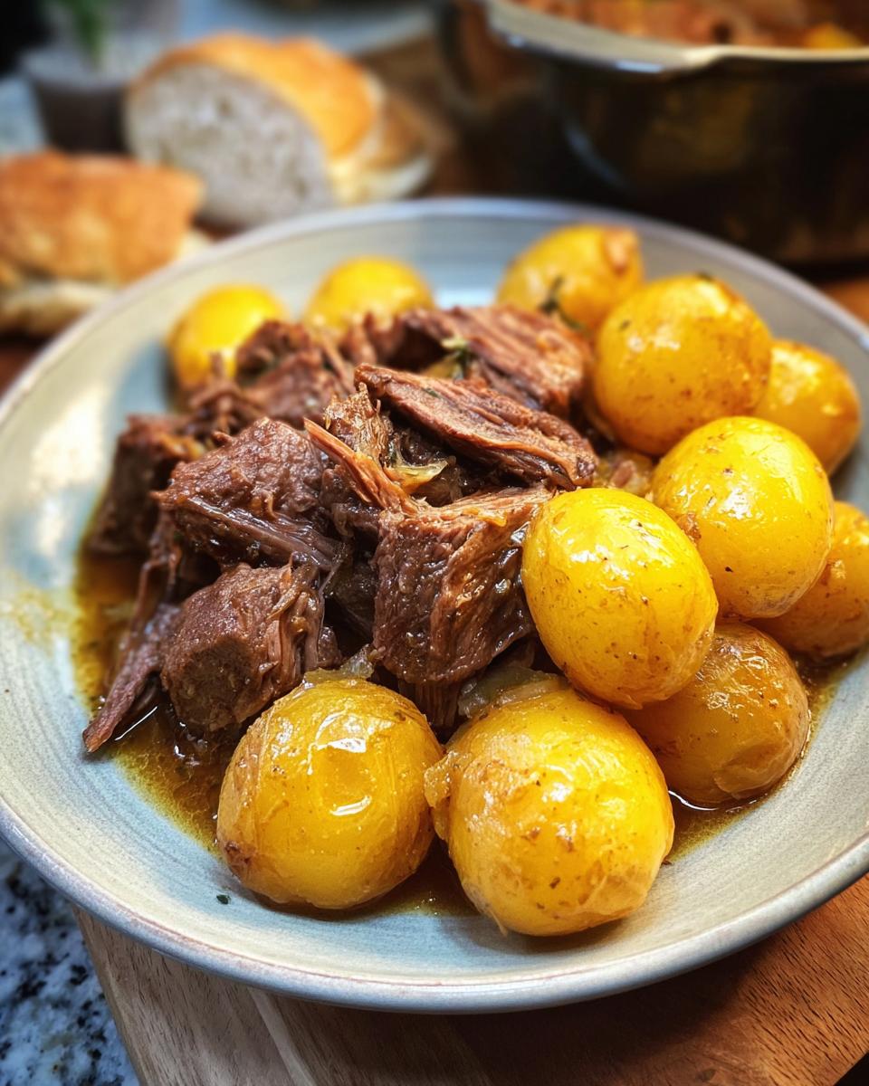 A plate of tender Slow Cooker Garlic Butter Beef with Potatoes, glistening in a savory sauce.