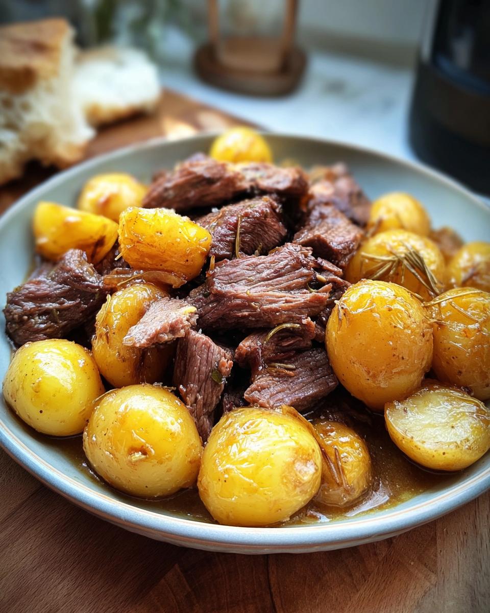A close-up of tender Slow Cooker Garlic Butter Beef with Potatoes, seasoned with rosemary.