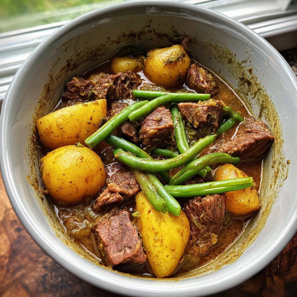 A bowl of slow cooker garlic butter beef with potatoes and green beans, a hearty and flavorful meal.