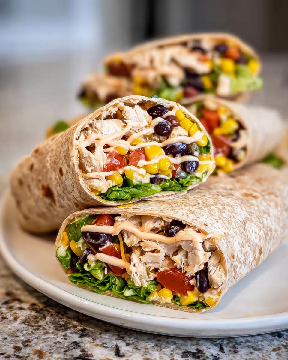 Close-up of delicious Southwest Chicken Wraps filled with shredded chicken, black beans, corn, tomatoes, lettuce, and a creamy sauce.