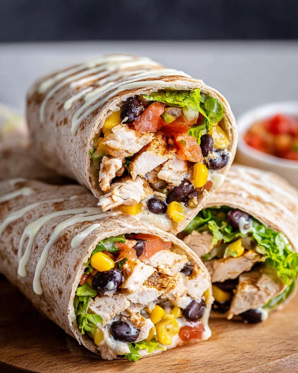 Close-up of two Southwest Chicken Wraps filled with chicken, black beans, corn, lettuce, and tomatoes, drizzled with sauce.