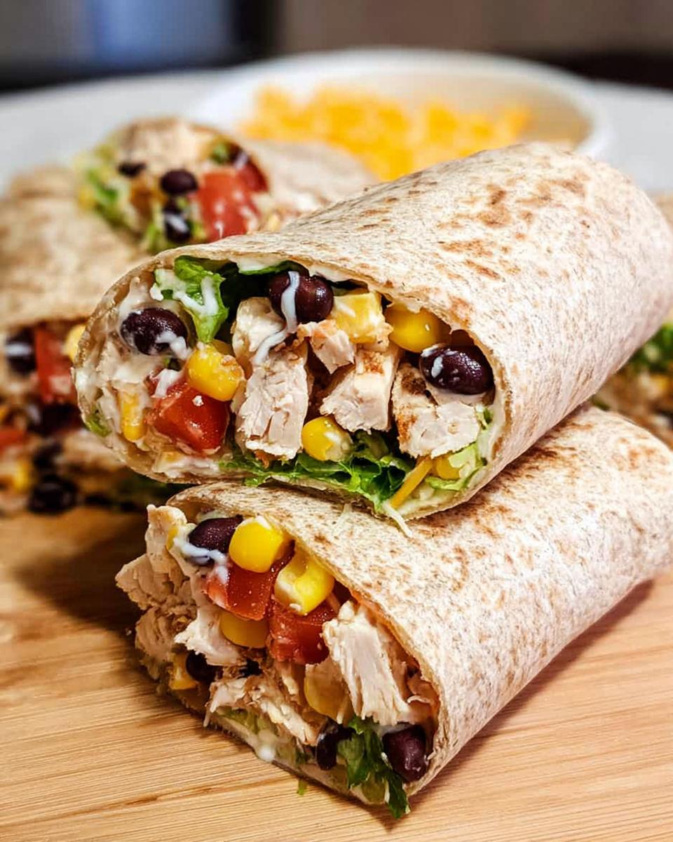 Close-up of a halved Southwest Chicken Wrap, showing shredded chicken, black beans, corn, tomatoes, lettuce, and a creamy dressing.