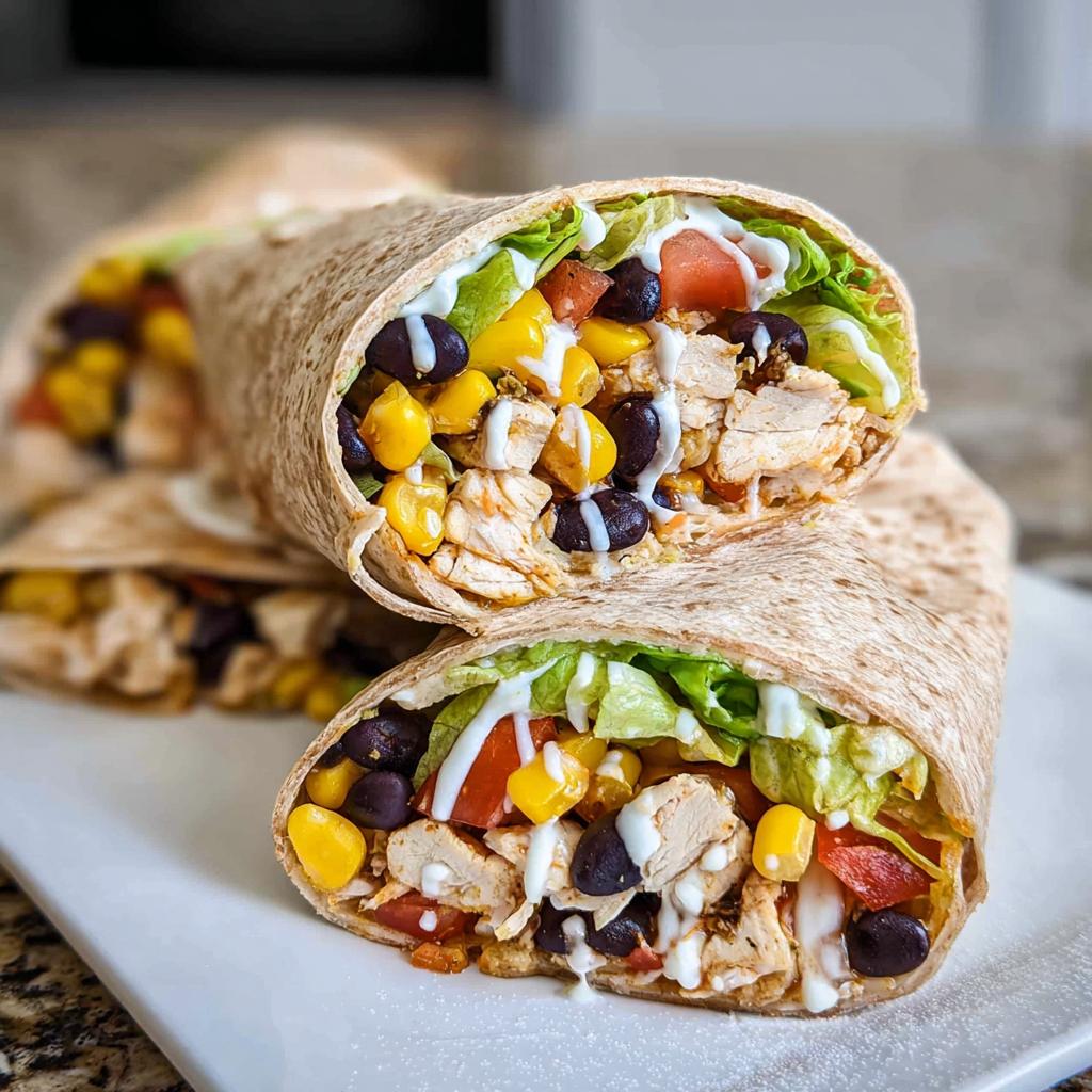 A close-up of two Southwest Chicken Wraps, filled with shredded chicken, black beans, corn, lettuce, tomatoes, and drizzled with a creamy sauce.