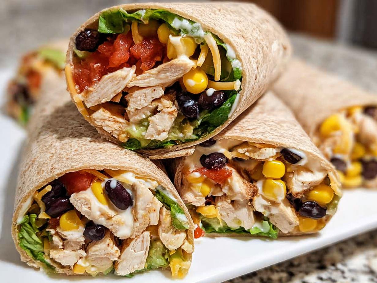 Three Southwest Chicken Wraps filled with chicken, black beans, corn, salsa, cheese, and lettuce.