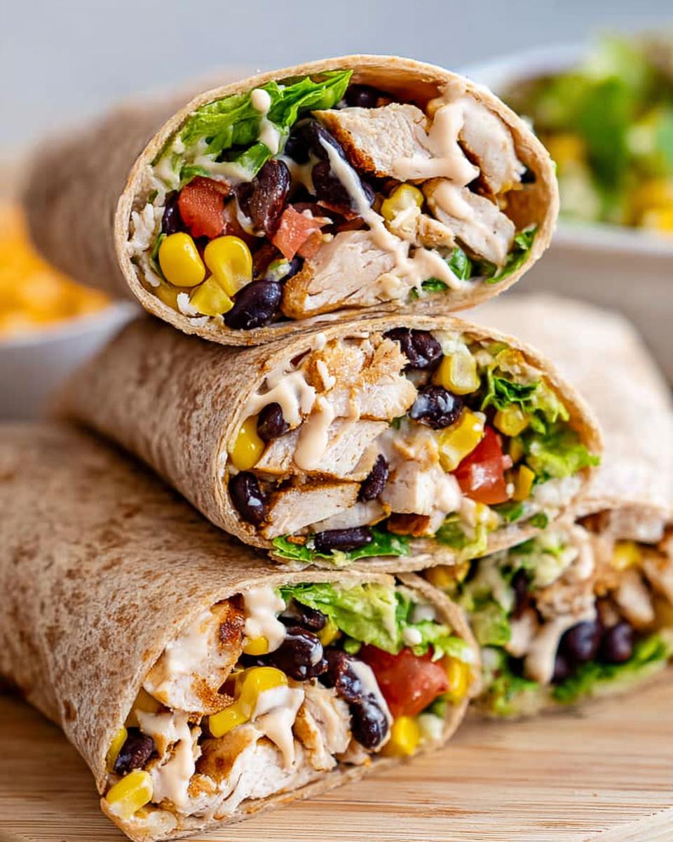 A stack of delicious Southwest Chicken Wraps, filled with chicken, black beans, corn, lettuce, and a creamy sauce.