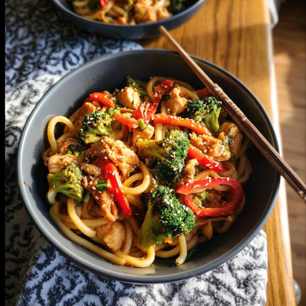 A close-up of a bowl filled with Spicy Garlic Chicken and Broccoli Noodle Bowls, featuring udon noodles, chicken, broccoli, and red peppers.