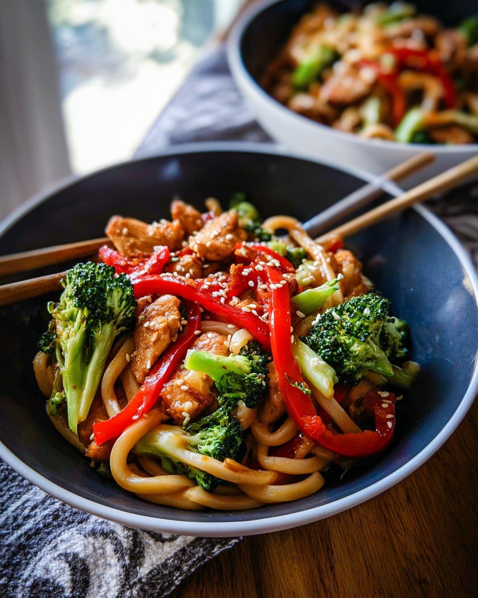A close-up of a Spicy Garlic Chicken and Broccoli Noodle Bowl, featuring udon noodles, chicken, broccoli, and red peppers, topped with sesame seeds.