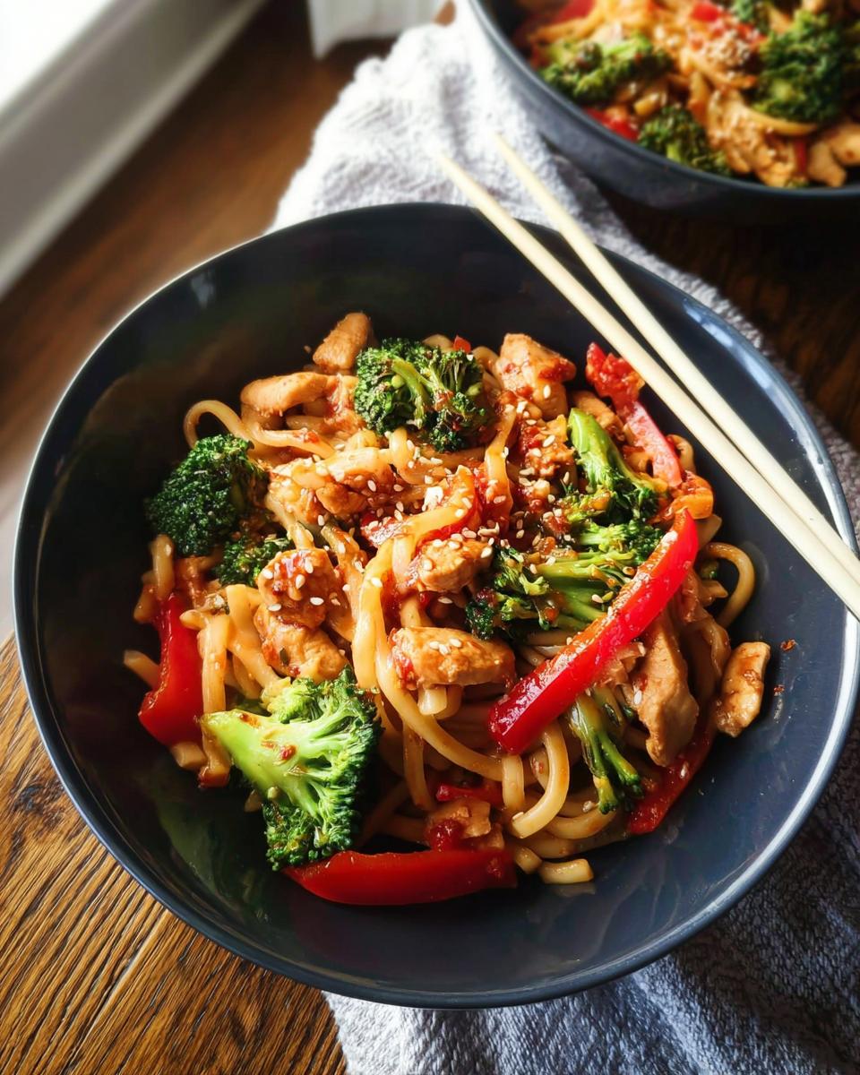 A close-up of a bowl of Spicy Garlic Chicken and Broccoli Noodle Bowls with chopsticks.