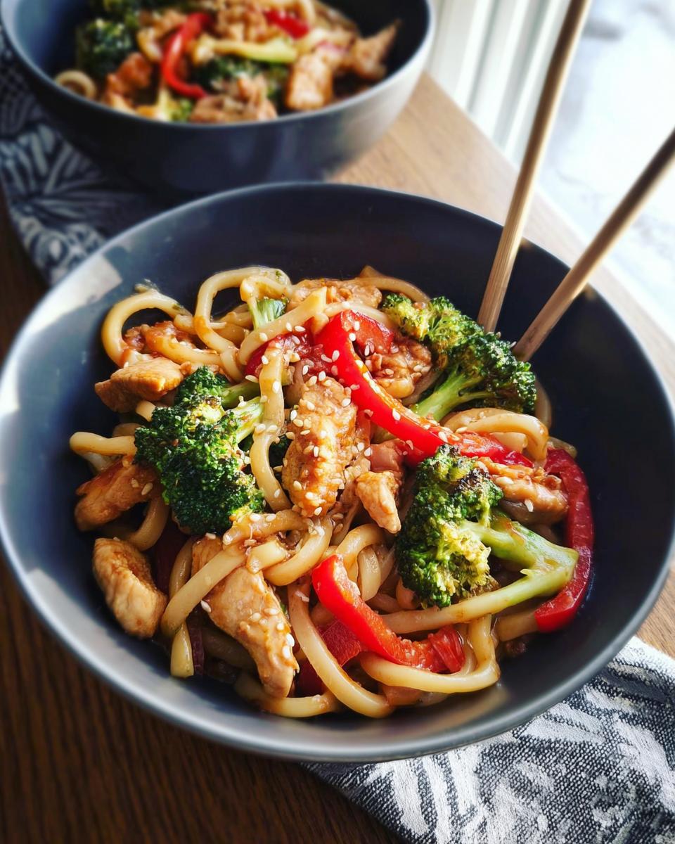 Close-up of a bowl of Spicy Garlic Chicken and Broccoli Noodle Bowls with chopsticks.
