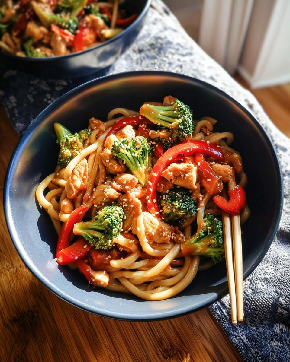 A close-up of a bowl of Spicy Garlic Chicken and Broccoli Noodle Bowls, featuring udon noodles, chicken, broccoli, and red peppers.