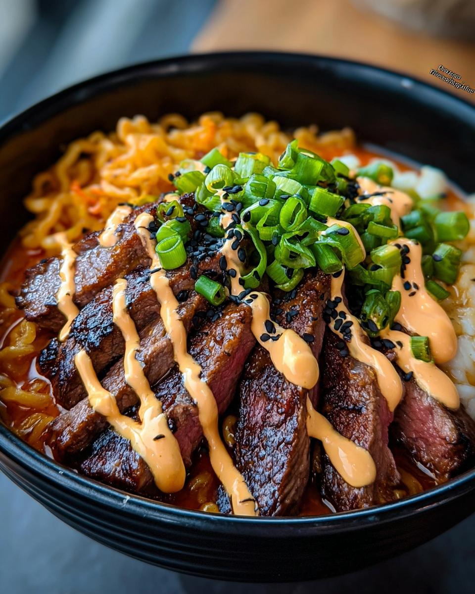 A close-up of a bowl of Spicy Korean Ramen topped with sliced grilled beef, creamy sauce, green onions, and black sesame seeds.