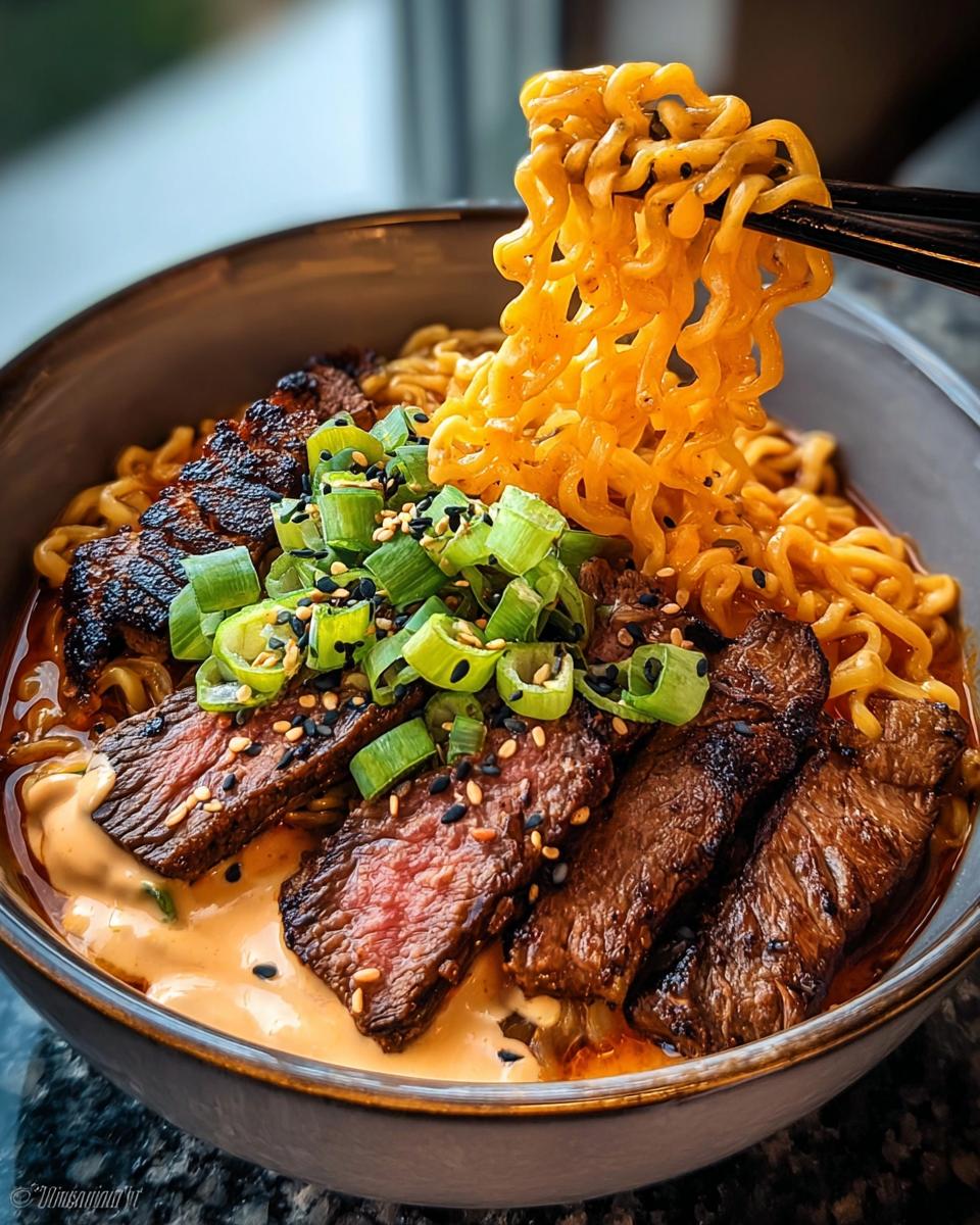 A bowl of Spicy Korean Ramen with perfectly grilled beef slices, creamy sauce, and chopped green onions.