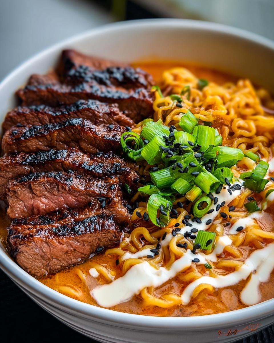 A bowl of Spicy Korean Ramen with Grilled Beef, topped with scallions and sesame seeds, drizzled with creamy sauce.