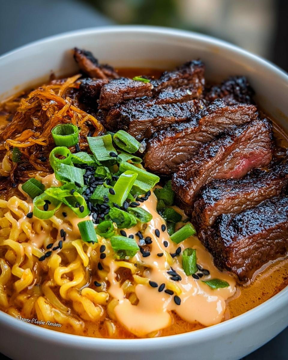 A close-up of Spicy Korean Ramen with tender grilled beef slices, spring onions, and a creamy sauce.