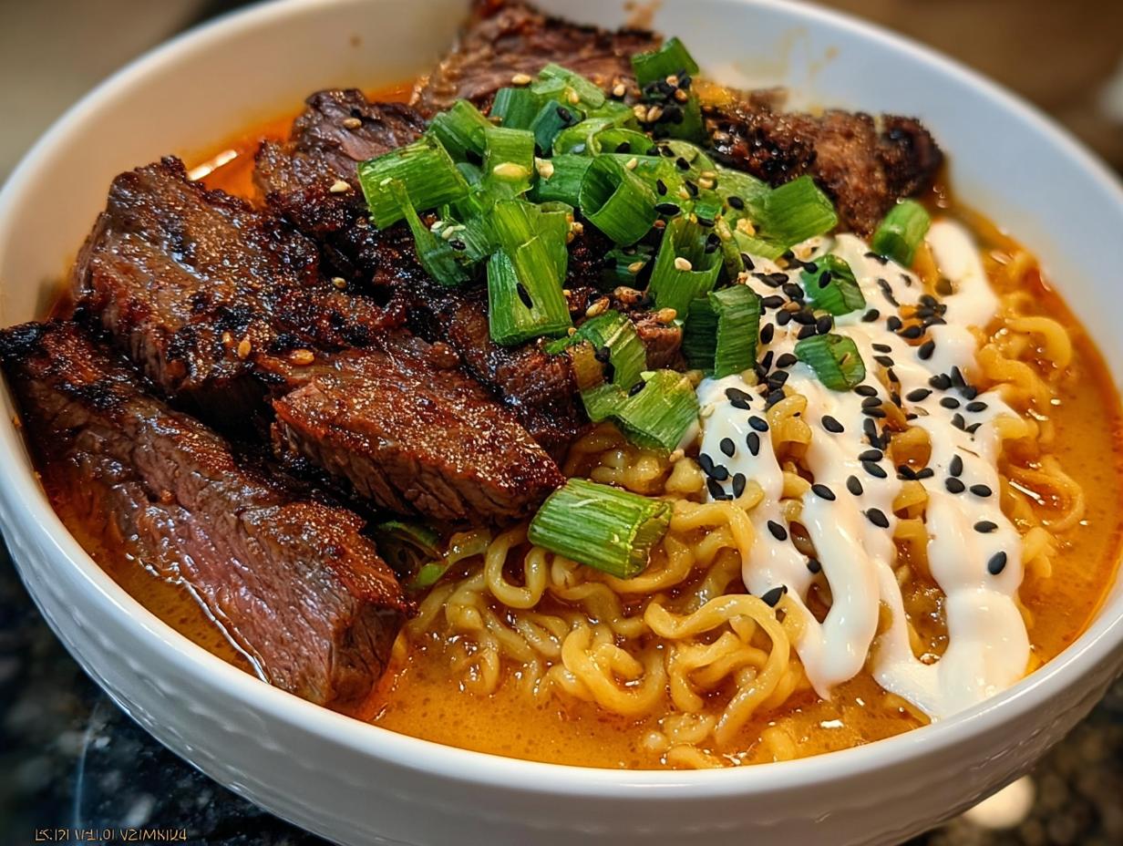 A bowl of Spicy Korean Ramen topped with slices of grilled beef, creamy sauce, green onions, and sesame seeds.