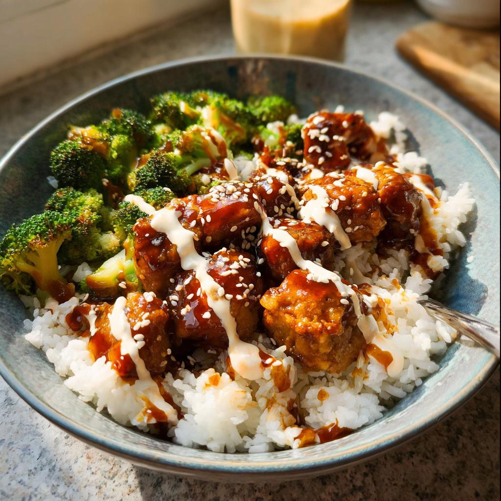 A close-up of a bowl of Sticky Chicken Bowls, featuring rice, glazed chicken, broccoli, and a drizzle of sauce and sesame seeds.