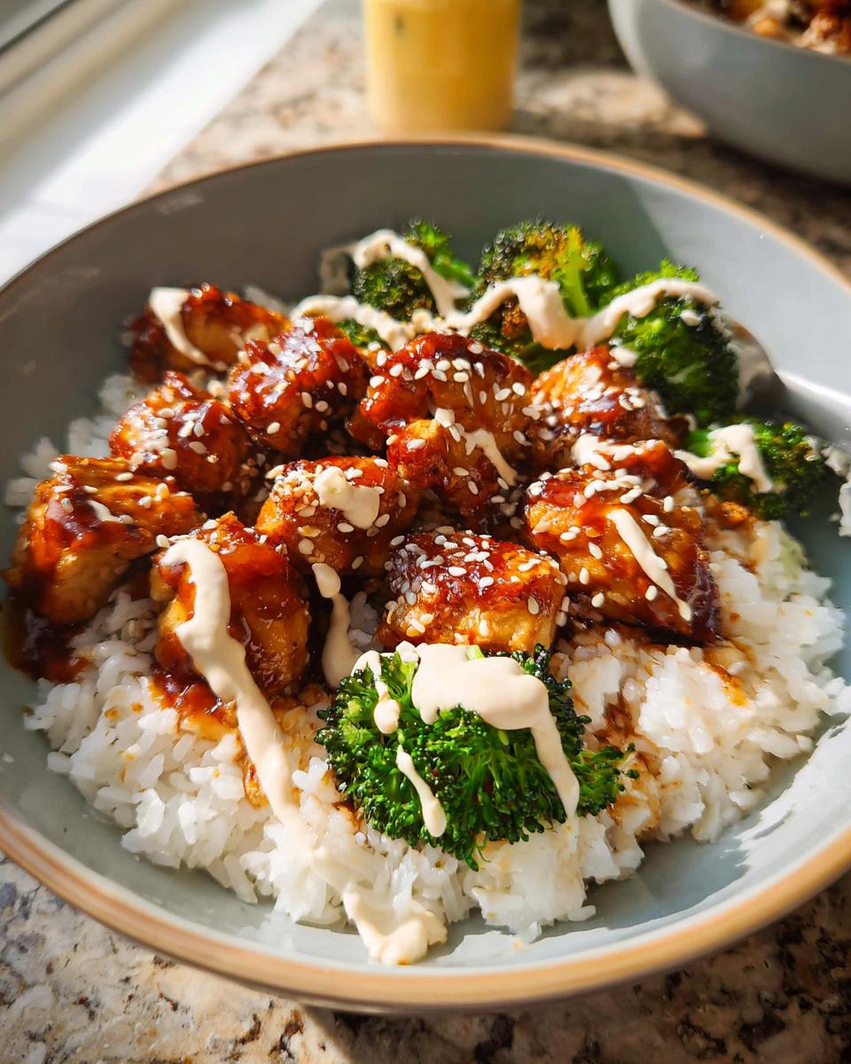 A close-up of a bowl filled with white rice, topped with glazed sticky chicken pieces and steamed broccoli, drizzled with sauce and sesame seeds.