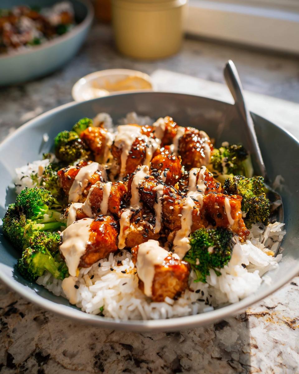 A close-up of a bowl filled with white rice, topped with glazed sticky chicken pieces, roasted broccoli florets, and a creamy sauce drizzle.