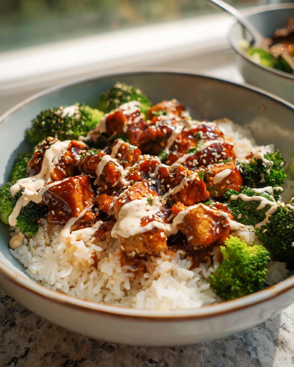 A close-up of a bowl filled with white rice, topped with glazed sticky chicken pieces and steamed broccoli, drizzled with a creamy sauce and sesame seeds.