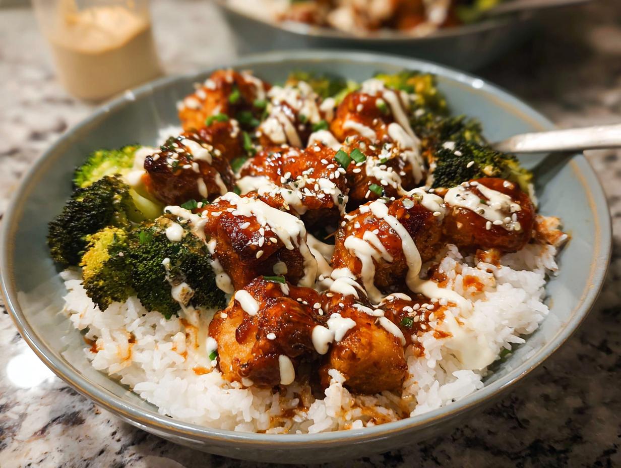 A close-up of a bowl of Sticky Chicken Bowls, featuring rice, broccoli, and glazed chicken pieces drizzled with sauce.