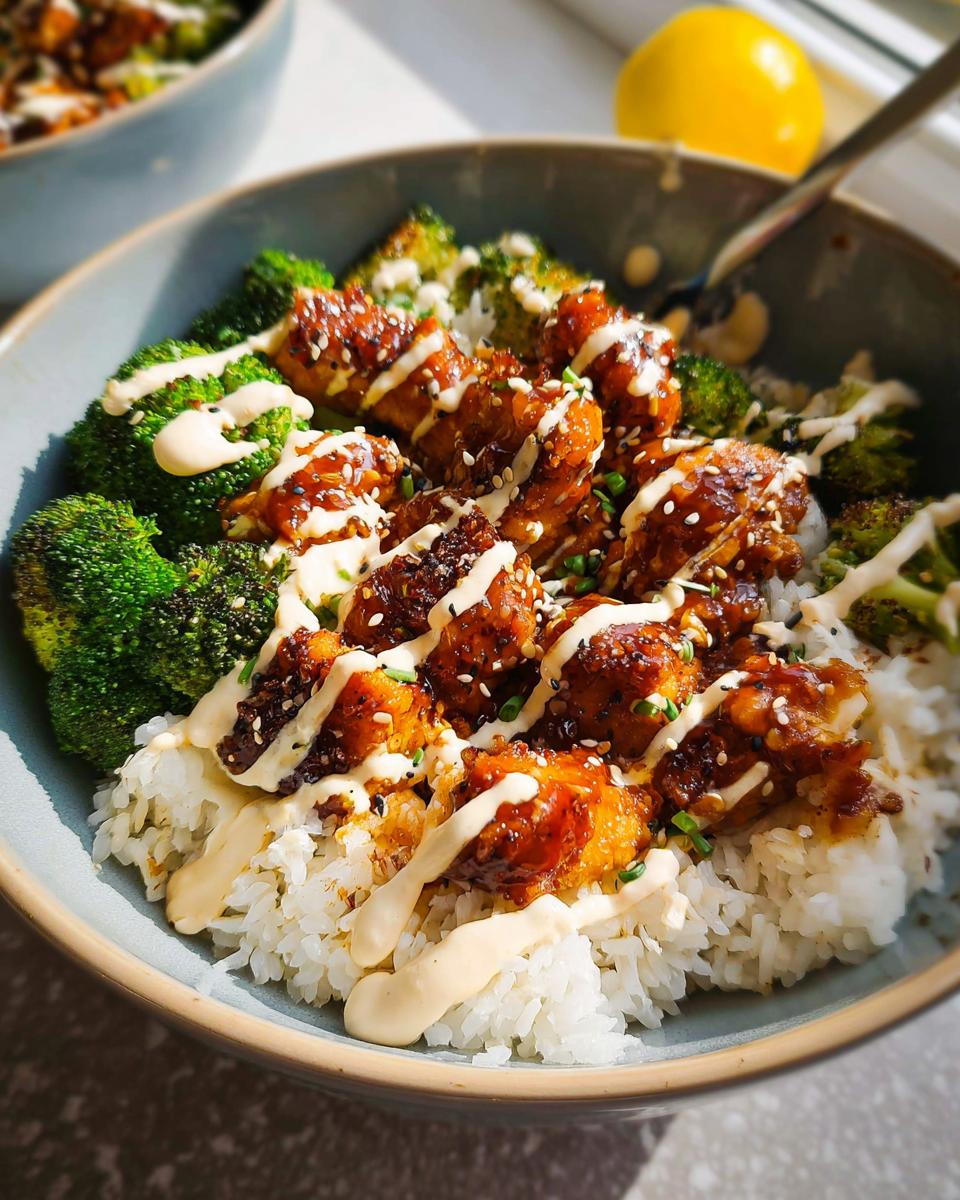 A close-up of a delicious Sticky Chicken Bowl, featuring glazed chicken pieces over white rice, steamed broccoli, and a drizzle of creamy sauce.