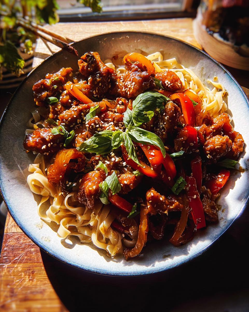 A bowl of Sticky Garlic Chicken Noodles topped with red bell peppers, sesame seeds, and fresh basil.