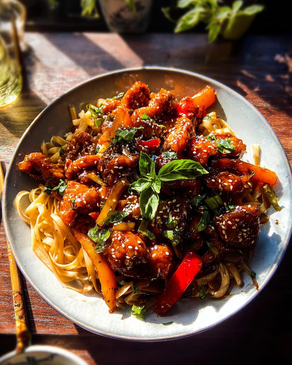 A close-up of Sticky Garlic Chicken Noodles, featuring tender chicken pieces in a glossy sauce with bell peppers and noodles.
